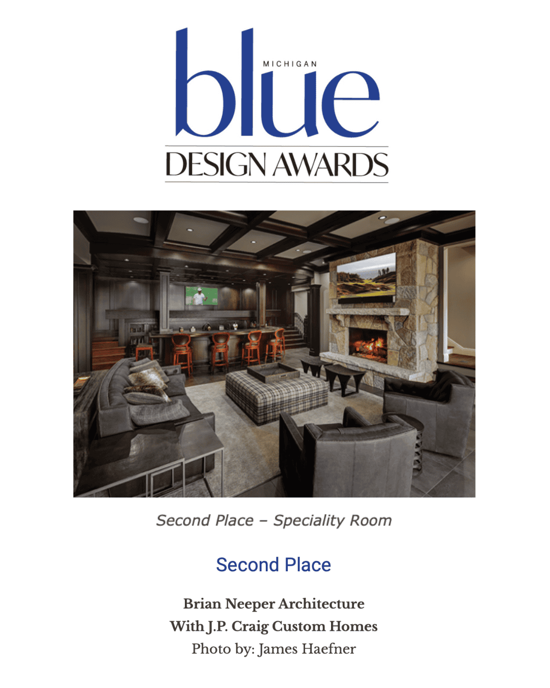 A Michigan BLUE Design Awards online award image for second place specialty room for Brian Neeper Architecture and Joseph Philip Craig Custom Homes